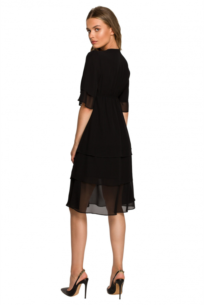 Sukienka szyfonowa midi z falbankami dekolt V krótki rękaw czarna